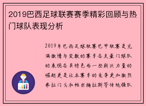 2019巴西足球联赛赛季精彩回顾与热门球队表现分析