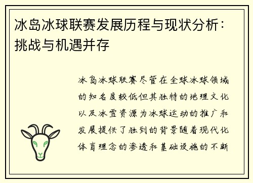 冰岛冰球联赛发展历程与现状分析：挑战与机遇并存