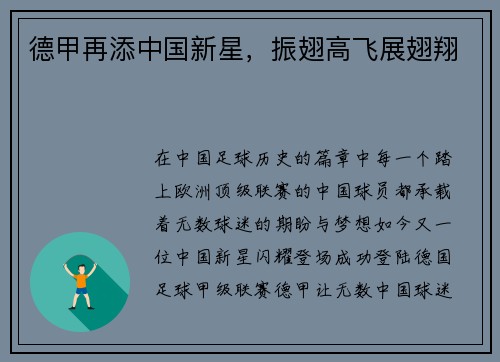 德甲再添中国新星，振翅高飞展翅翔